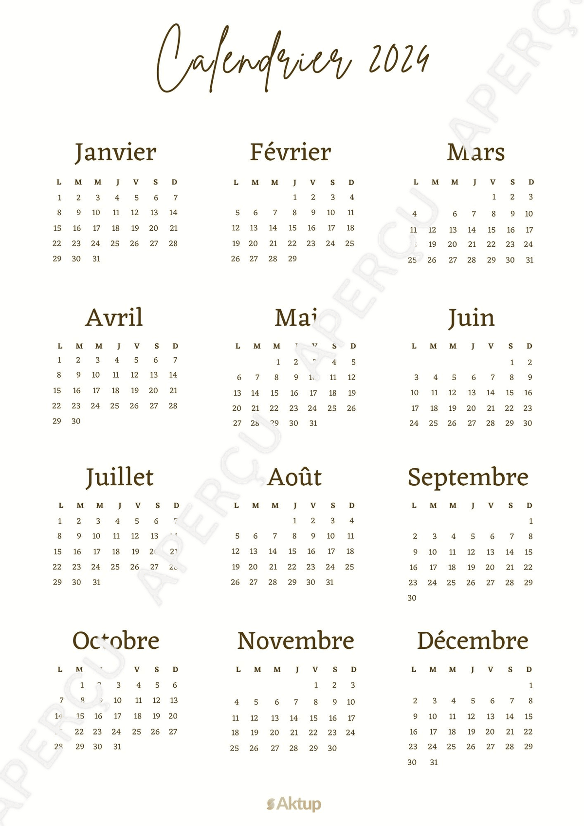 Aperçu du PDF Calendrier annuel 2024