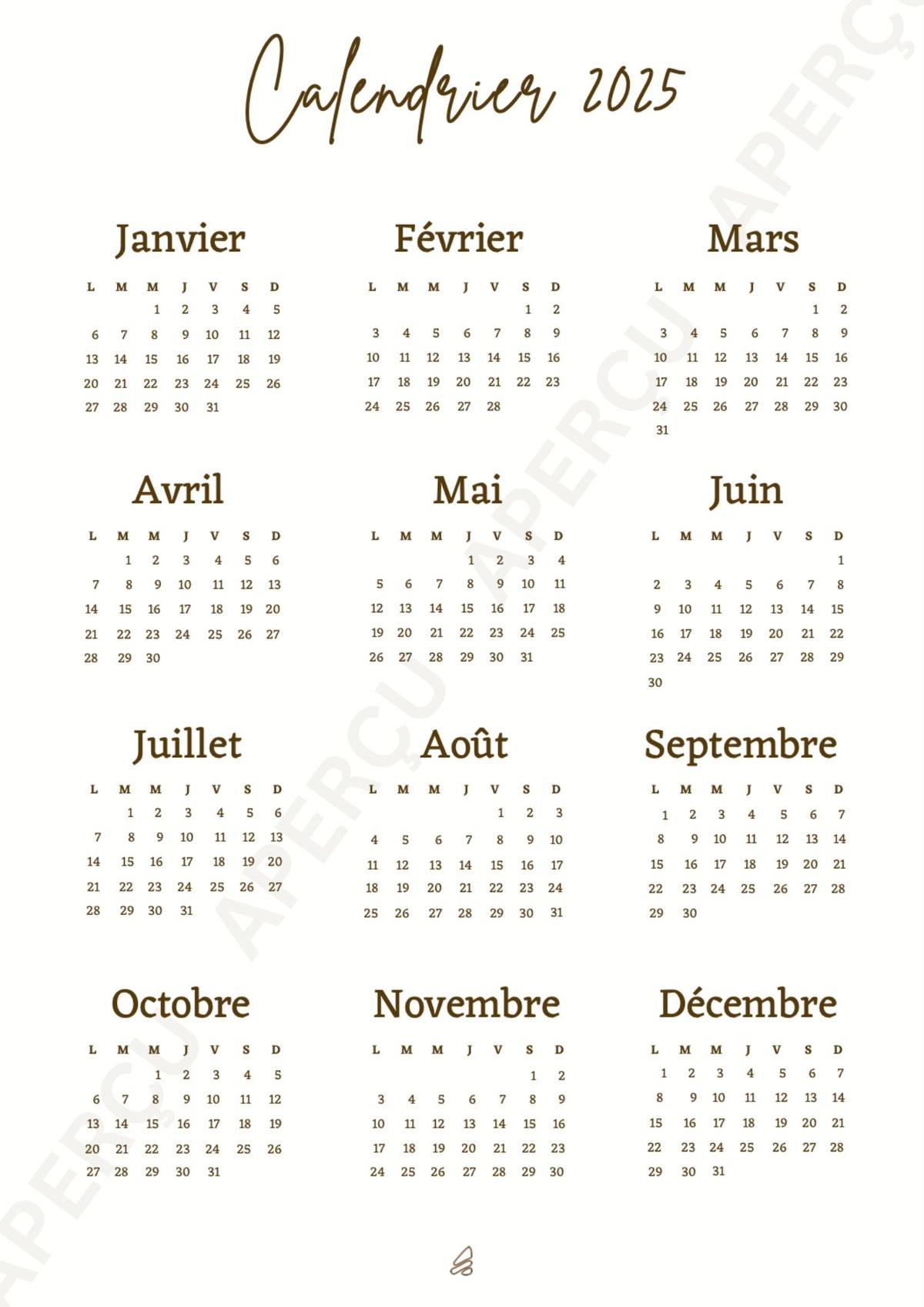 Aperçu du PDF Calendrier 2025