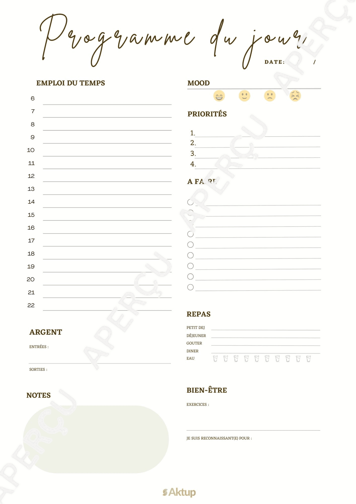 Aperçu du PDF Planning quotidien
