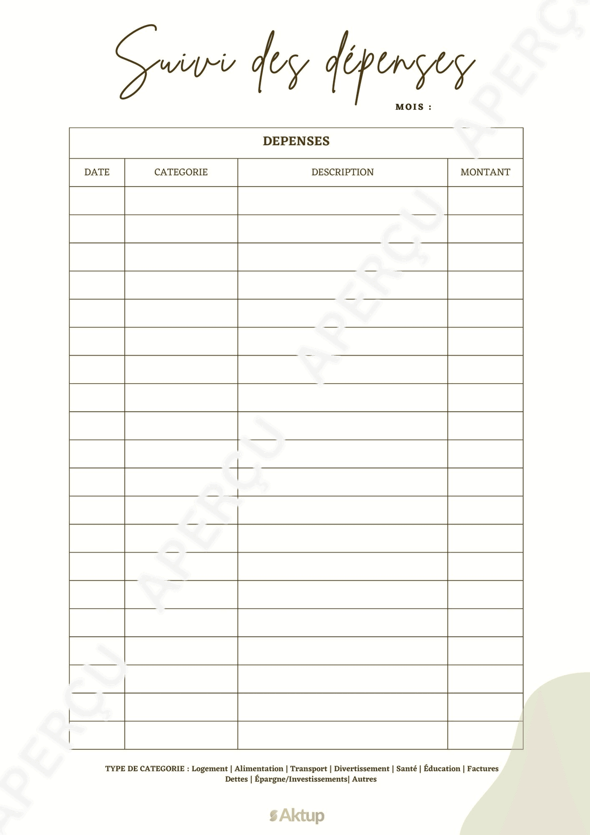 Aperçu du PDF Suivi des dépenses